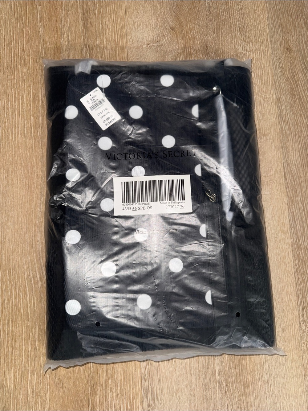 Victoria's Secret Black Mesh Tote with Black & White Polka Dot Pouch